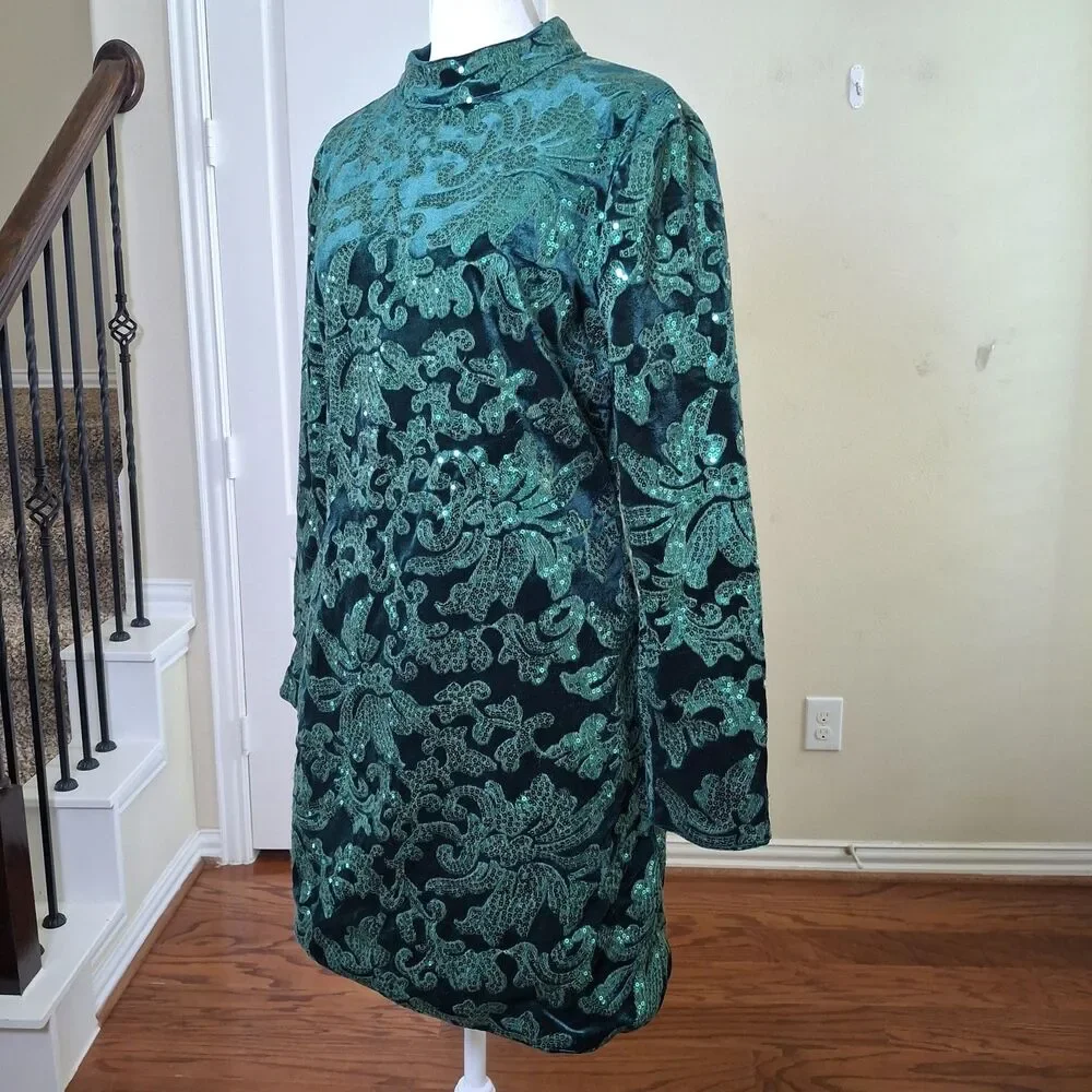 VENUS Velvet Sequin Mini Dress Green Women 10 Cocktail Holiday Christmas Party